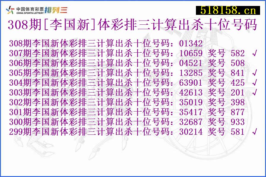 308期[李国新]体彩排三计算出杀十位号码