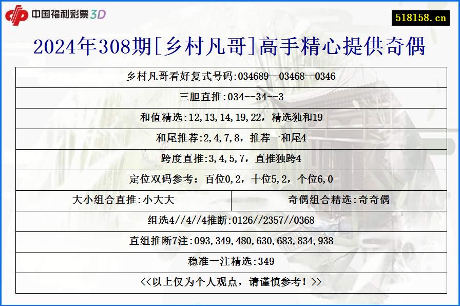 2024年308期[乡村凡哥]高手精心提供奇偶