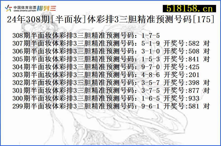 24年308期[半面妆]体彩排3三胆精准预测号码[175]