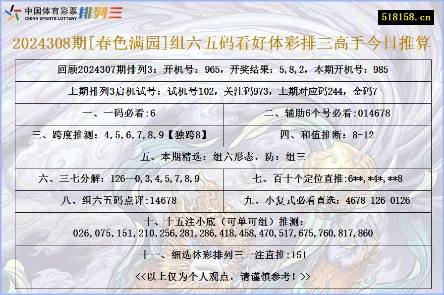 2024308期[春色满园]组六五码看好体彩排三高手今日推算