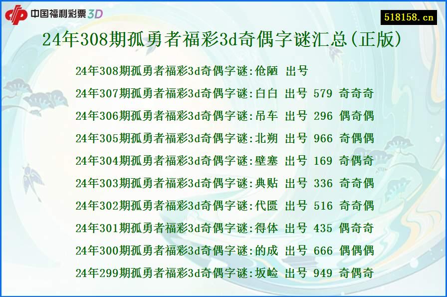 24年308期孤勇者福彩3d奇偶字谜汇总(正版)