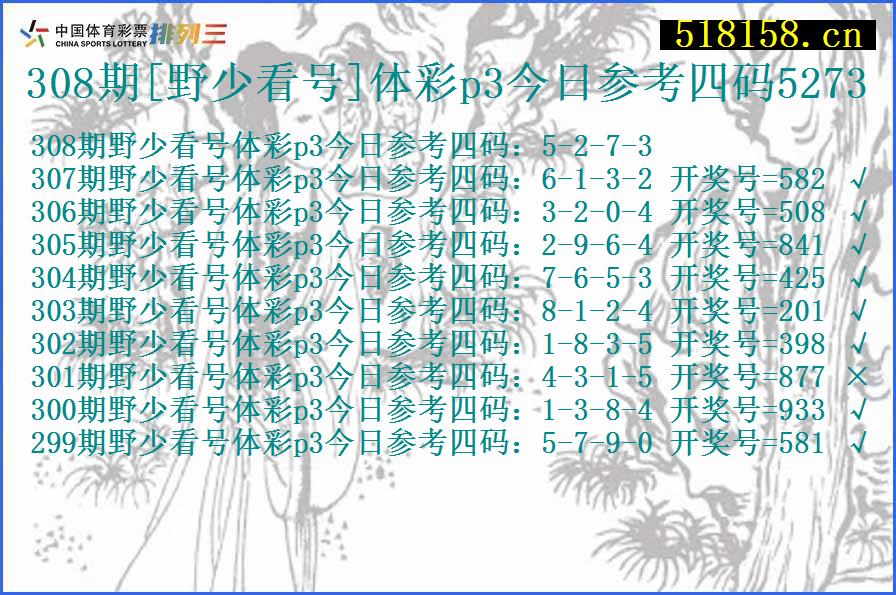 308期[野少看号]体彩p3今日参考四码5273