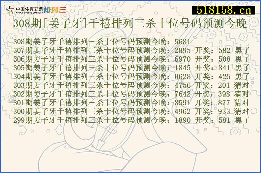 308期[姜子牙]千禧排列三杀十位号码预测今晚