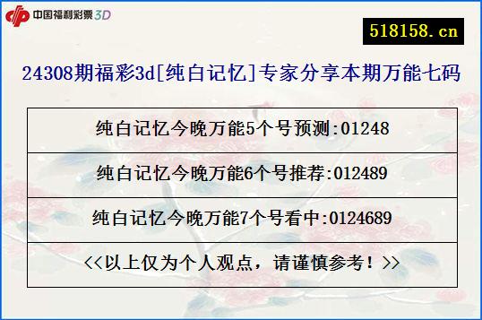 24308期福彩3d[纯白记忆]专家分享本期万能七码