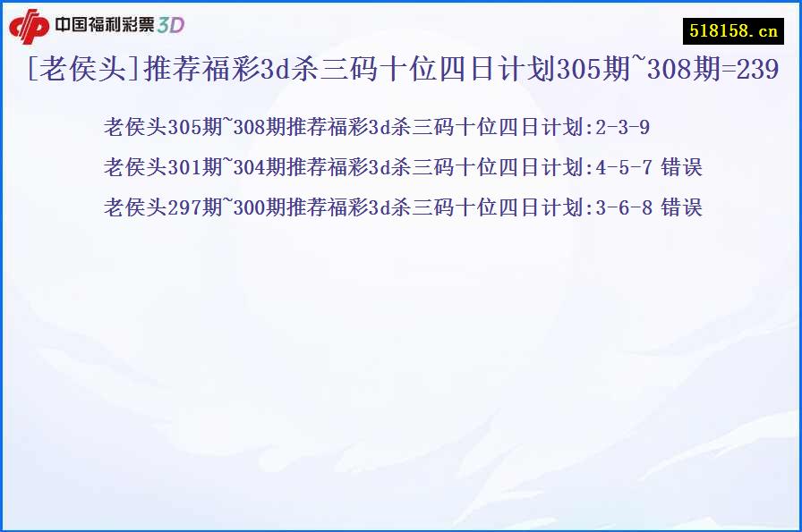 [老侯头]推荐福彩3d杀三码十位四日计划305期~308期=239