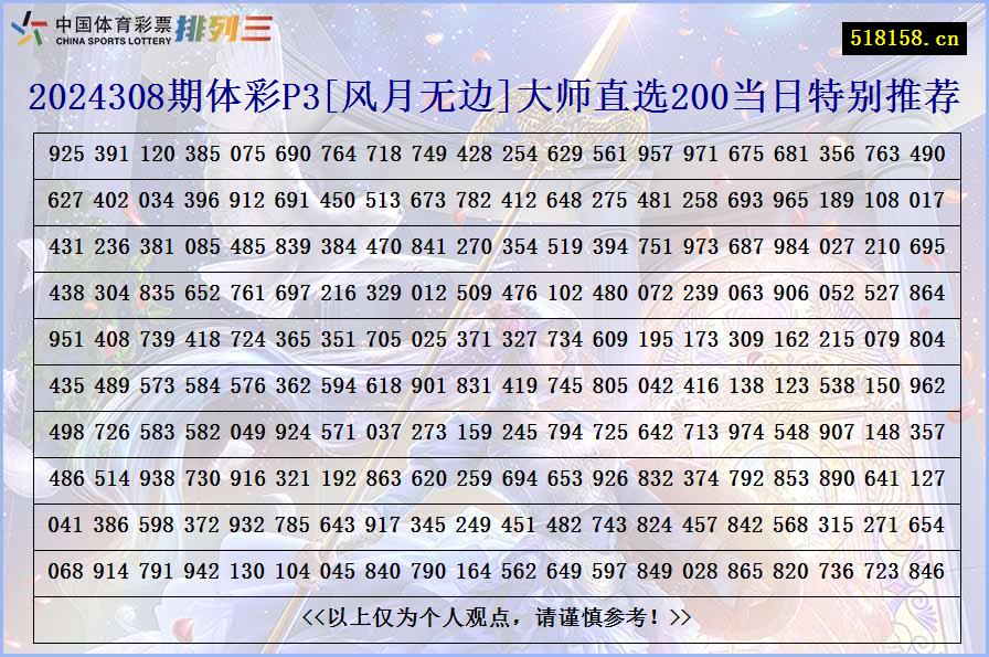 2024308期体彩P3[风月无边]大师直选200当日特别推荐