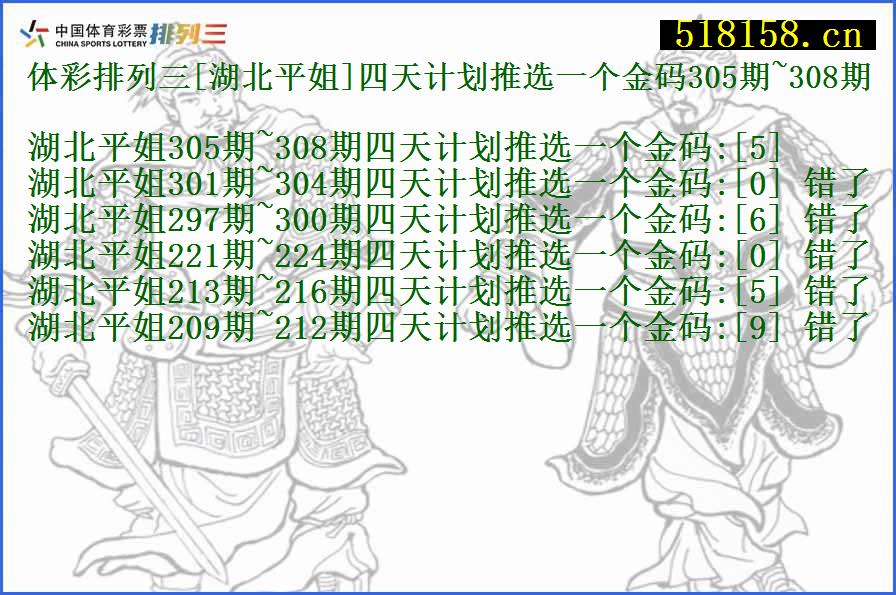 体彩排列三[湖北平姐]四天计划推选一个金码305期~308期