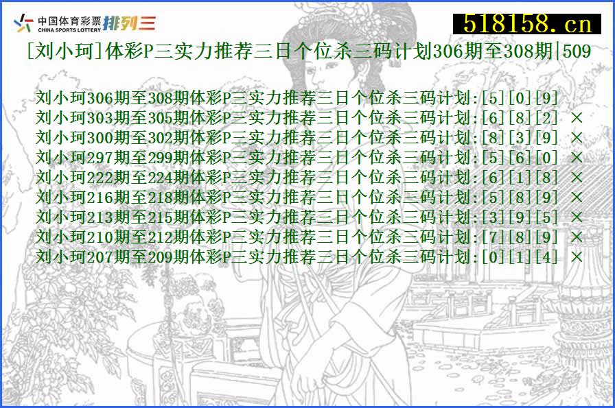 [刘小珂]体彩P三实力推荐三日个位杀三码计划306期至308期|509