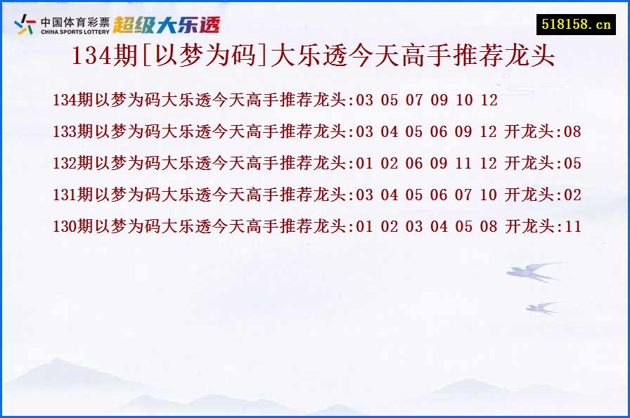 134期[以梦为码]大乐透今天高手推荐龙头