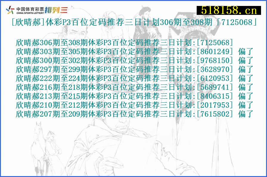 [欣晴郝]体彩P3百位定码推荐三日计划306期至308期「7125068」