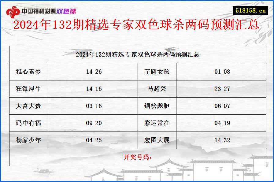 2024年132期精选专家双色球杀两码预测汇总