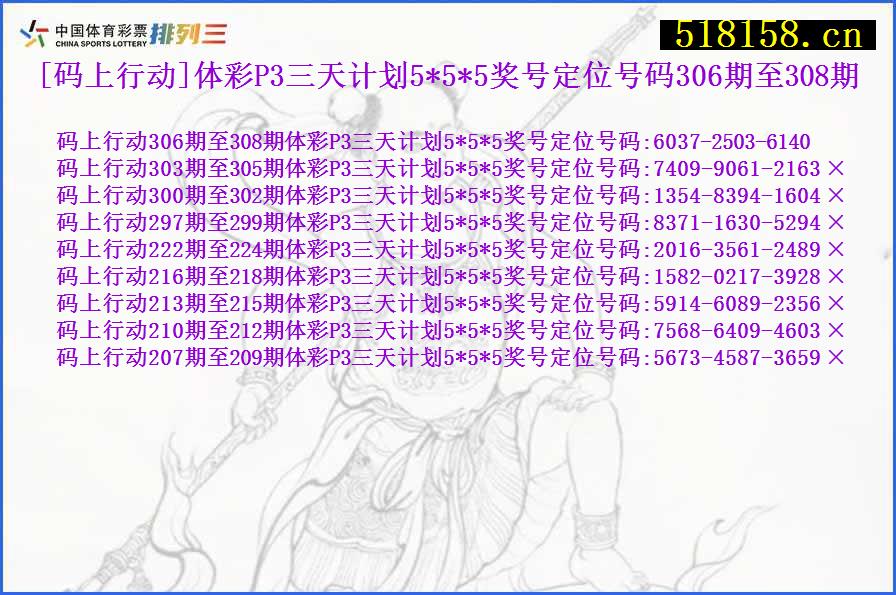 [码上行动]体彩P3三天计划5*5*5奖号定位号码306期至308期