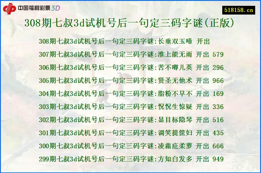 308期七叔3d试机号后一句定三码字谜(正版)