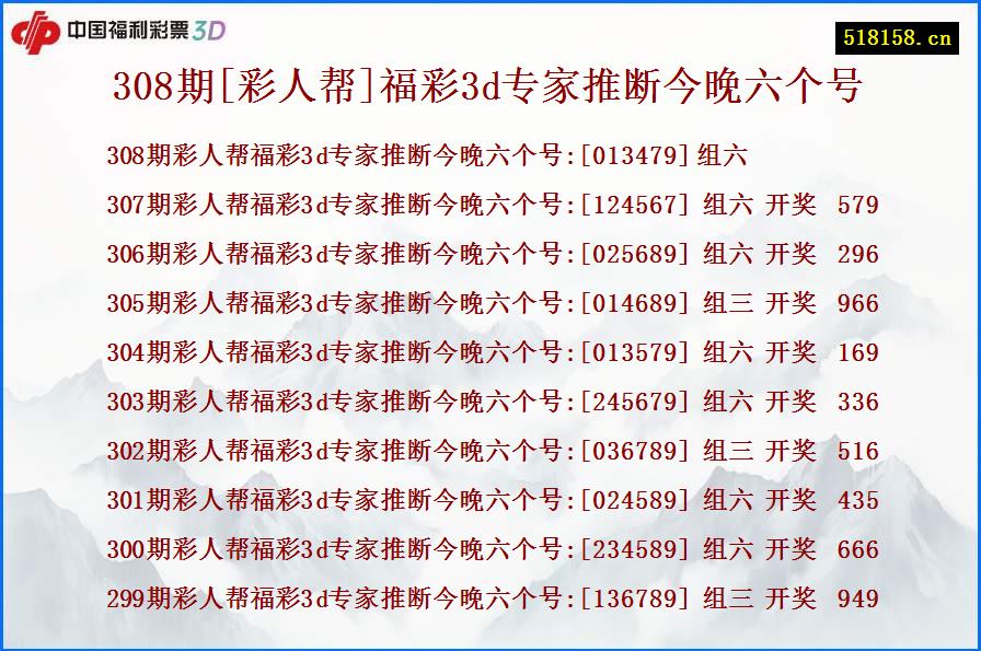 308期[彩人帮]福彩3d专家推断今晚六个号