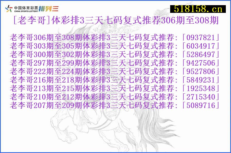 [老李哥]体彩排3三天七码复式推荐306期至308期