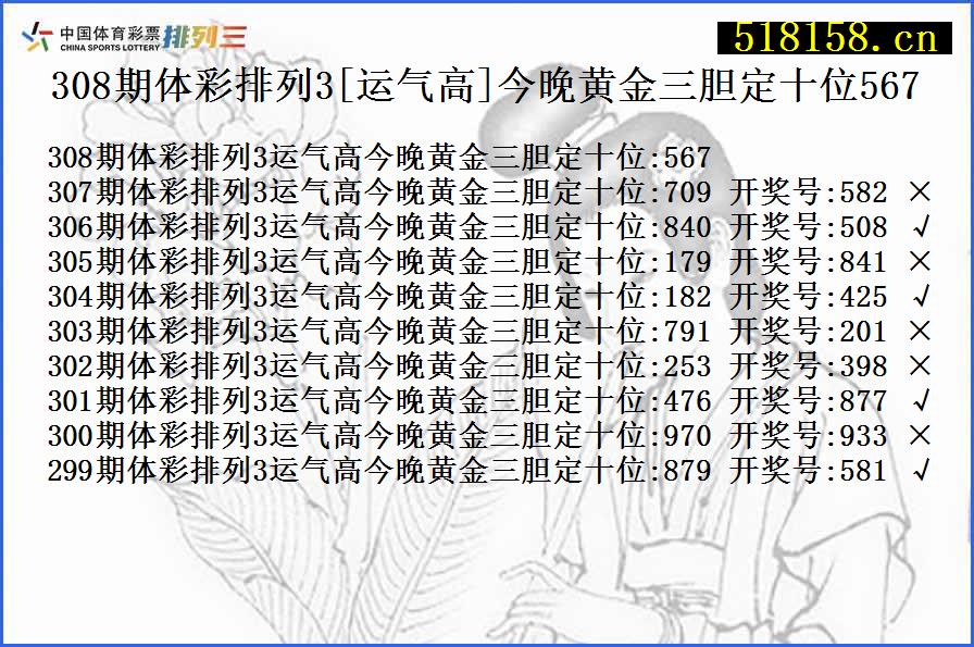 308期体彩排列3[运气高]今晚黄金三胆定十位567