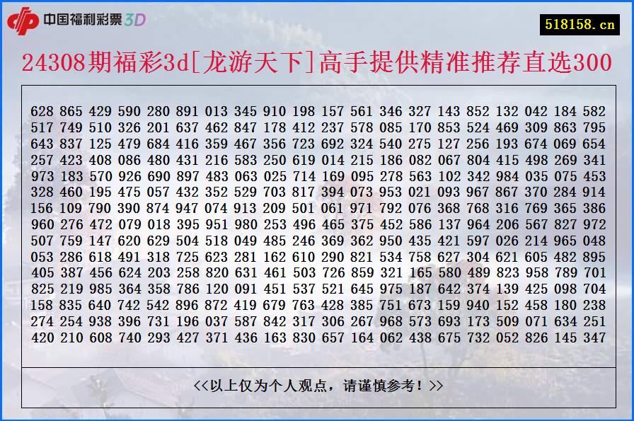 24308期福彩3d[龙游天下]高手提供精准推荐直选300
