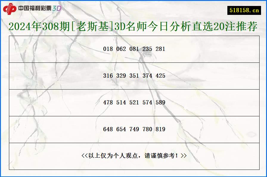 2024年308期[老斯基]3D名师今日分析直选20注推荐