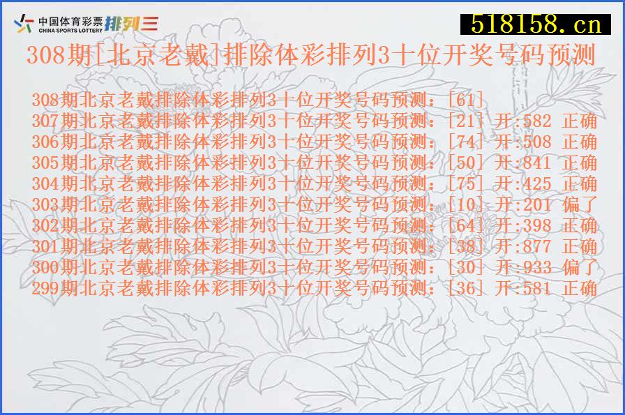 308期[北京老戴]排除体彩排列3十位开奖号码预测