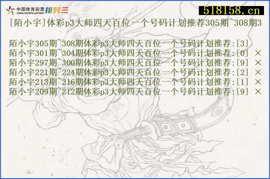 [陌小宇]体彩p3大师四天百位一个号码计划推荐305期~308期3