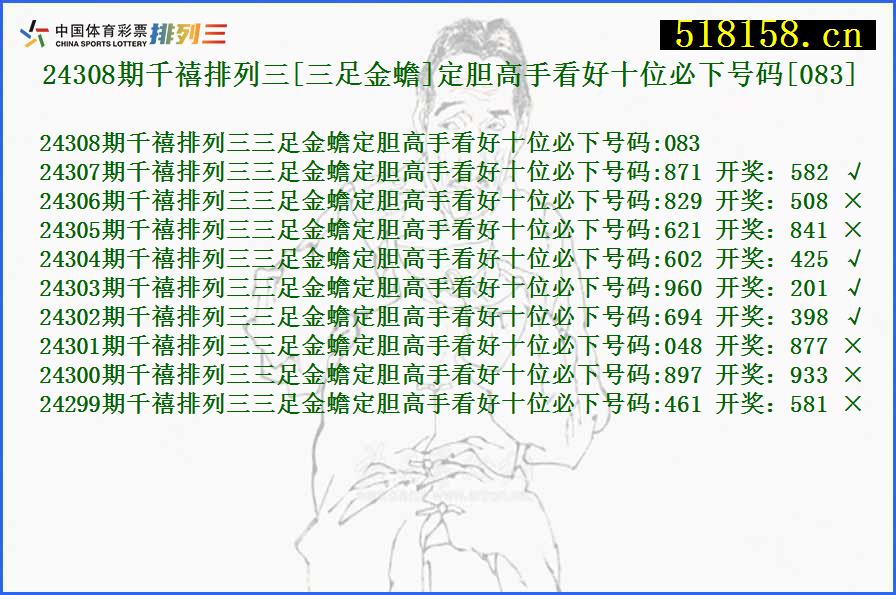 24308期千禧排列三[三足金蟾]定胆高手看好十位必下号码[083]