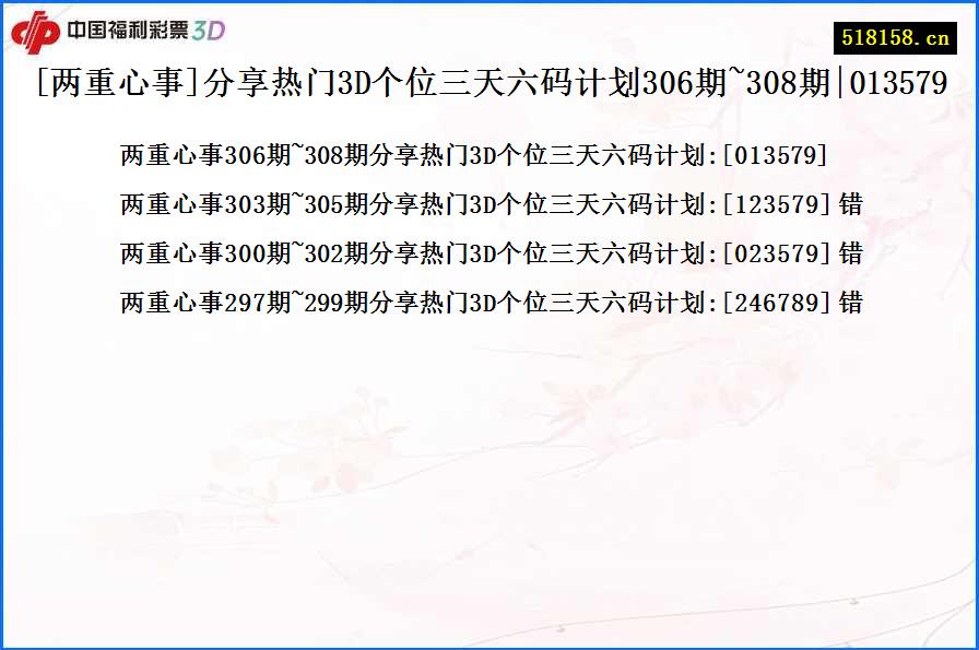 [两重心事]分享热门3D个位三天六码计划306期~308期|013579