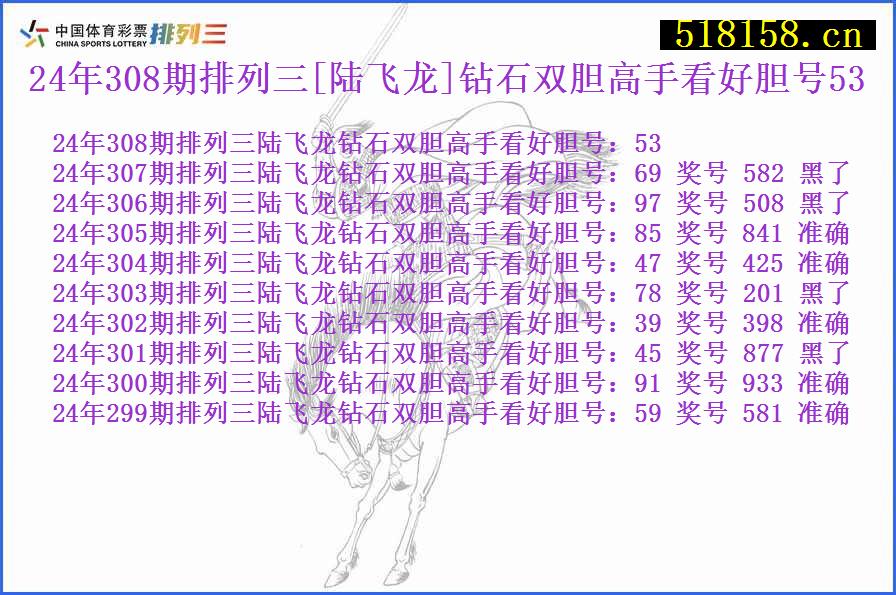 24年308期排列三[陆飞龙]钻石双胆高手看好胆号53