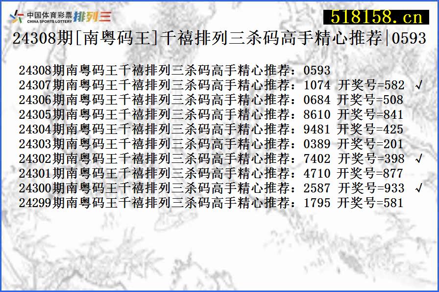 24308期[南粤码王]千禧排列三杀码高手精心推荐|0593