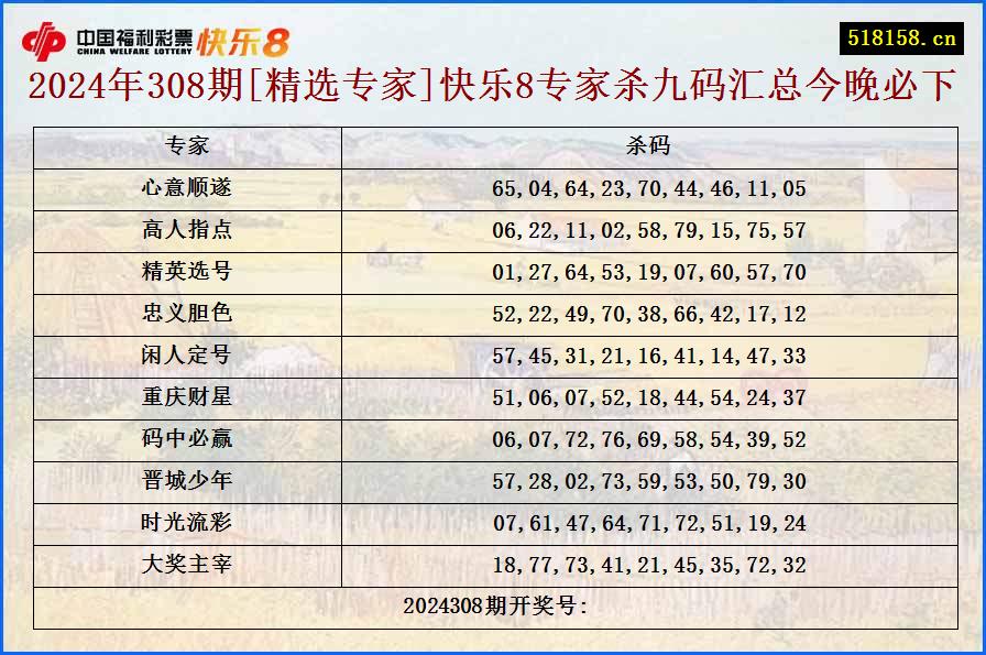 2024年308期[精选专家]快乐8专家杀九码汇总今晚必下