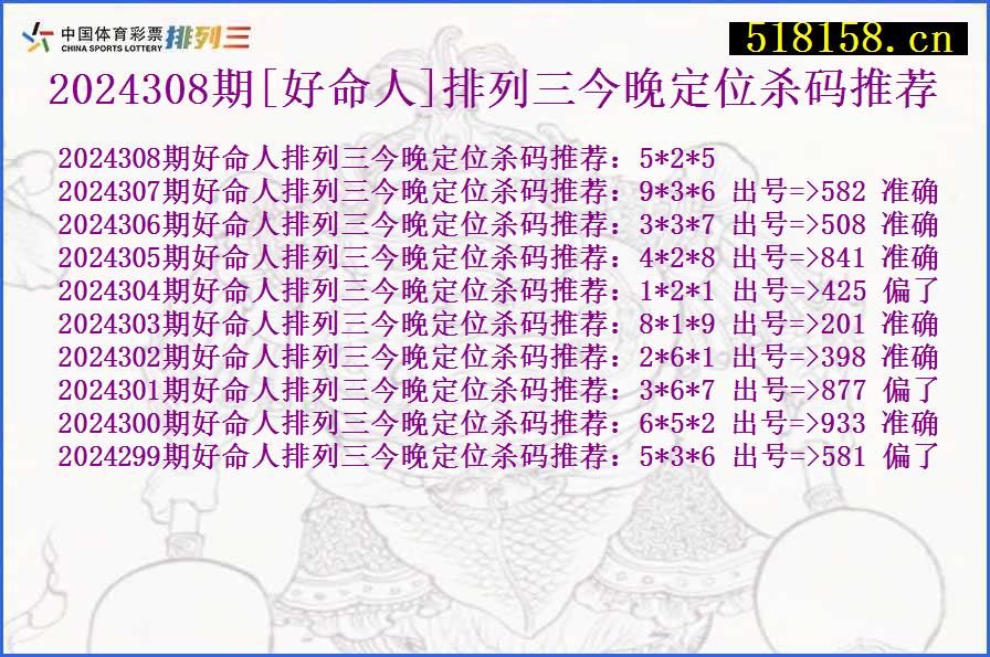 2024308期[好命人]排列三今晚定位杀码推荐