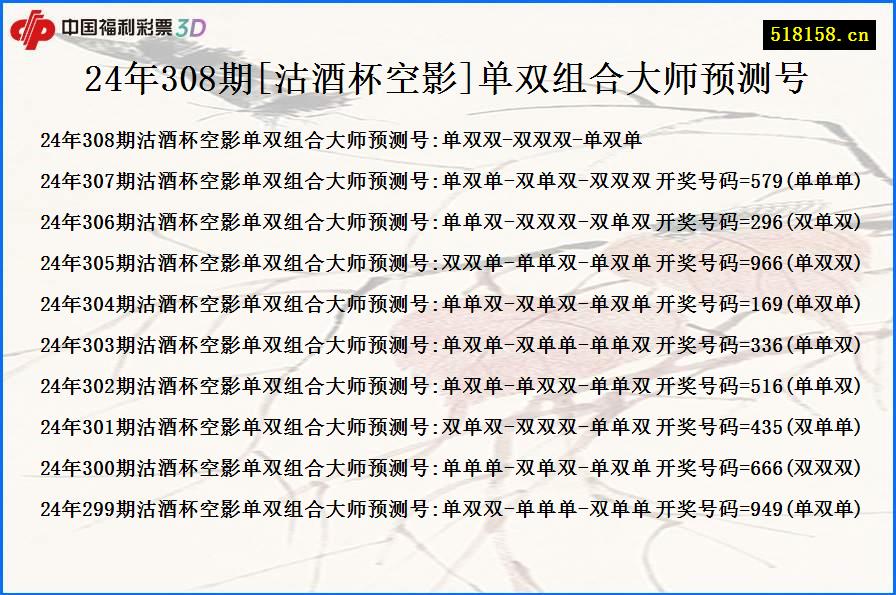 24年308期[沽酒杯空影]单双组合大师预测号