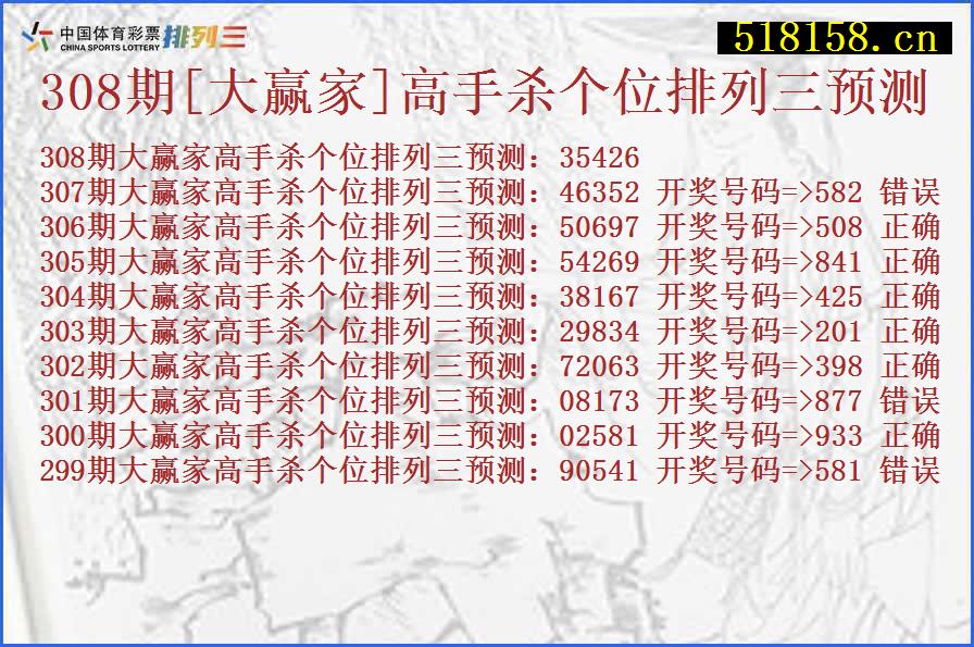 308期[大赢家]高手杀个位排列三预测