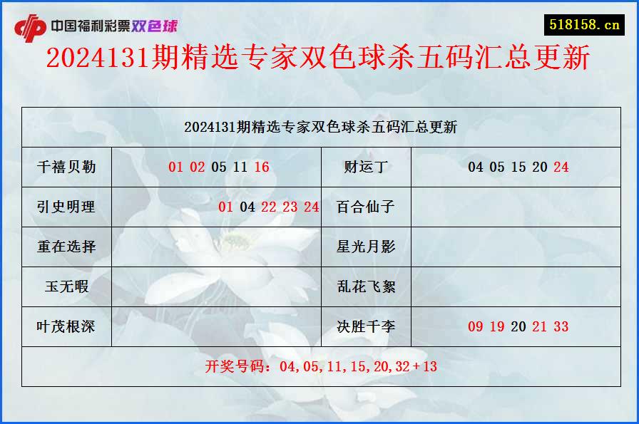 2024131期精选专家双色球杀五码汇总更新