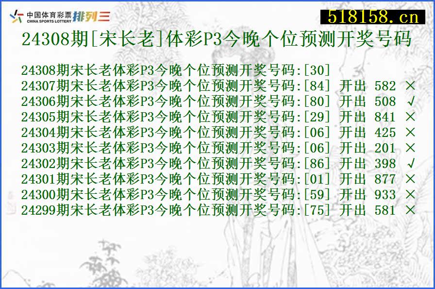 24308期[宋长老]体彩P3今晚个位预测开奖号码