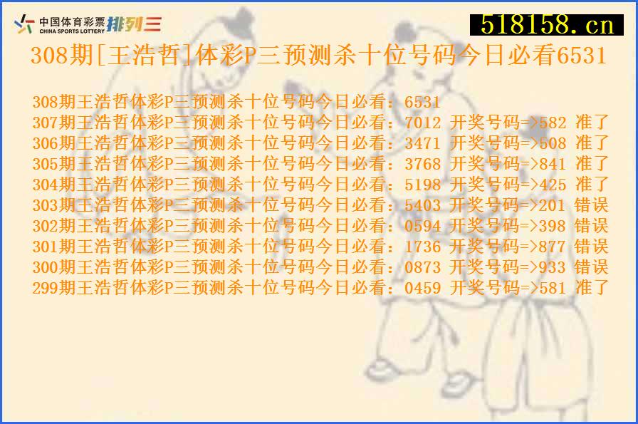 308期[王浩哲]体彩P三预测杀十位号码今日必看6531