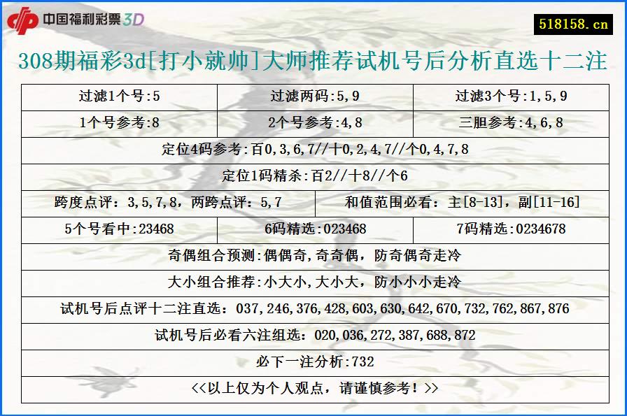 308期福彩3d[打小就帅]大师推荐试机号后分析直选十二注