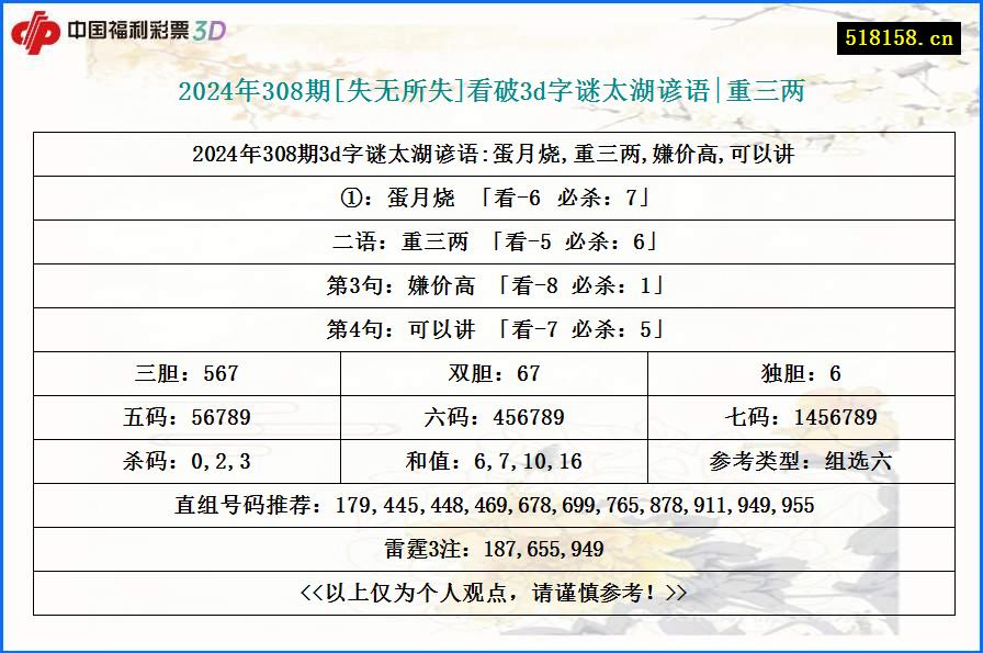 2024年308期[失无所失]看破3d字谜太湖谚语|重三两