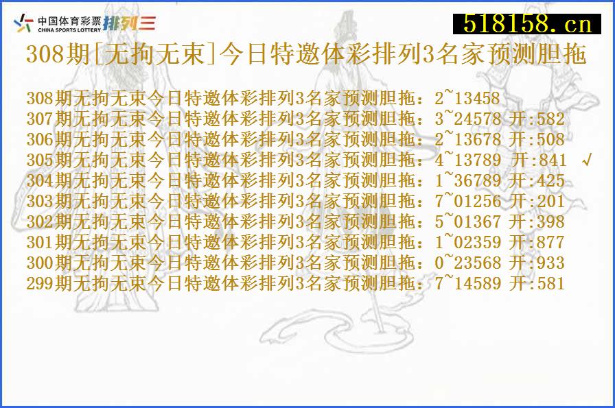 308期[无拘无束]今日特邀体彩排列3名家预测胆拖