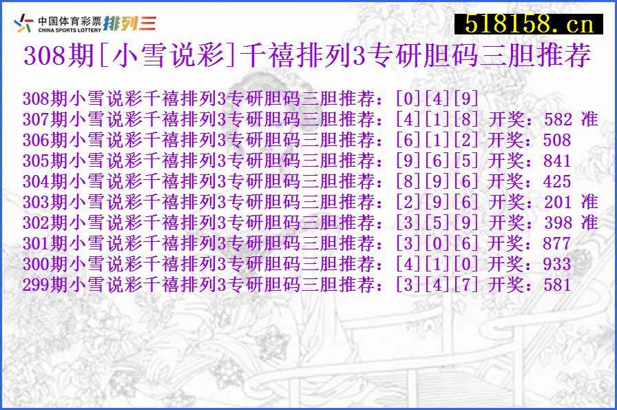308期[小雪说彩]千禧排列3专研胆码三胆推荐