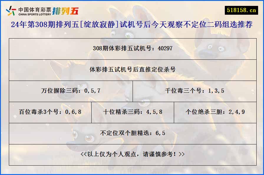 24年第308期排列五[绽放寂静]试机号后今天观察不定位二码组选推荐