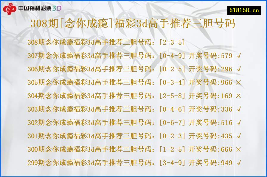 308期[念你成瘾]福彩3d高手推荐三胆号码