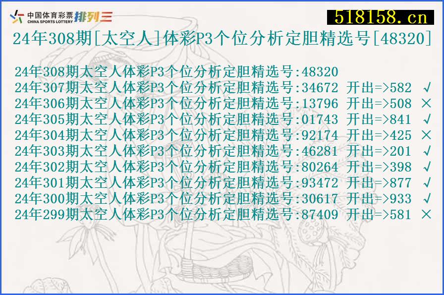 24年308期[太空人]体彩P3个位分析定胆精选号[48320]