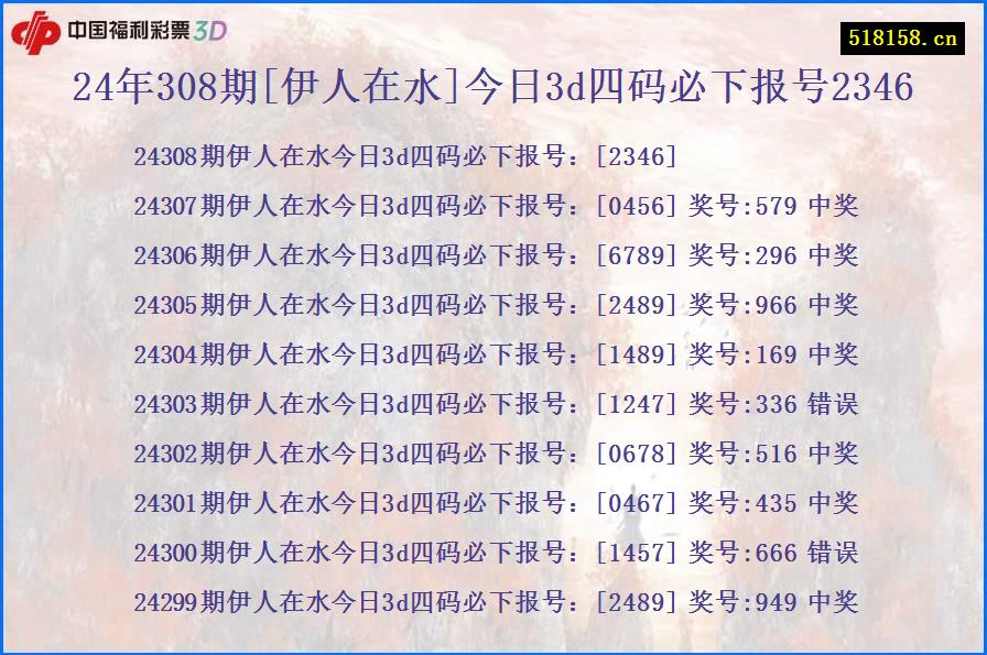 24年308期[伊人在水]今日3d四码必下报号2346