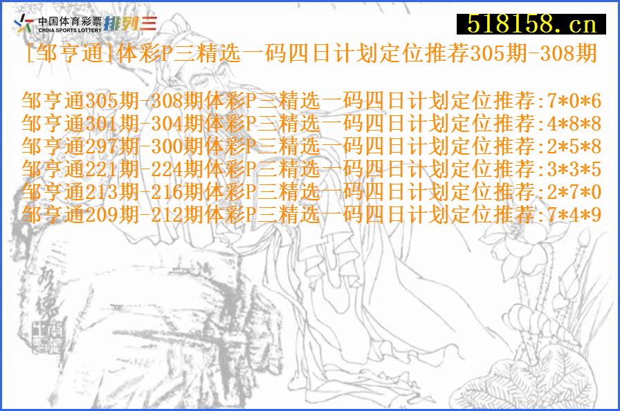 [邹亨通]体彩P三精选一码四日计划定位推荐305期-308期