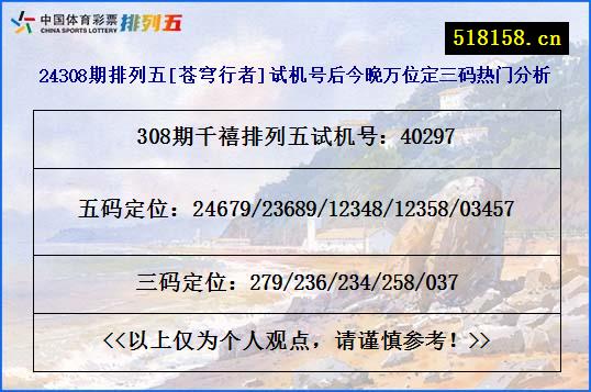 24308期排列五[苍穹行者]试机号后今晚万位定三码热门分析