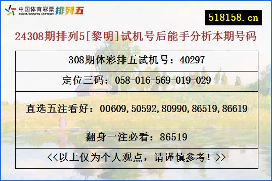 24308期排列5[黎明]试机号后能手分析本期号码