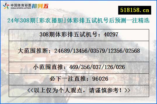 24年308期[彩农播胆]体彩排五试机号后预测一注精选