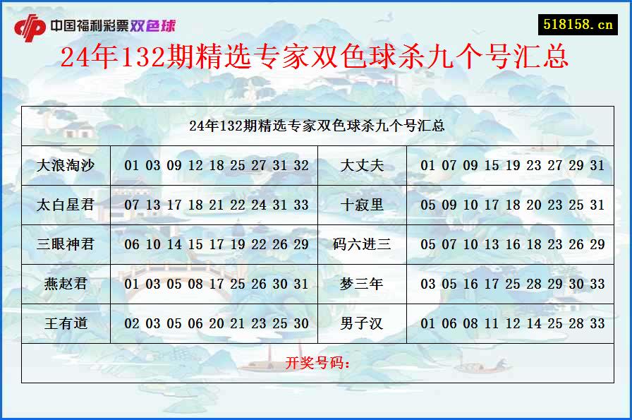 24年132期精选专家双色球杀九个号汇总