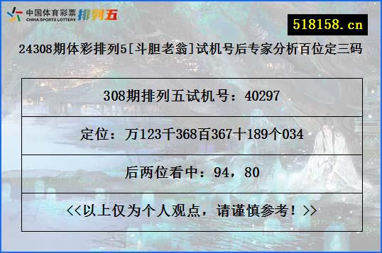 24308期体彩排列5[斗胆老翁]试机号后专家分析百位定三码