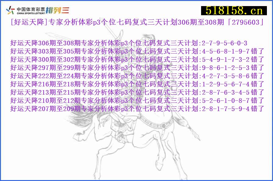 [好运天降]专家分析体彩p3个位七码复式三天计划306期至308期「2795603」